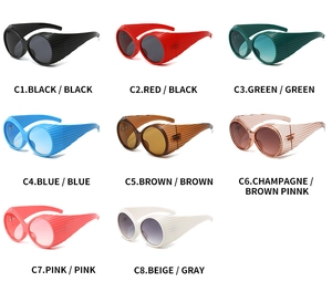 Detailed grid display of vintage oval sunglasses in eight colors with ribbed frame design