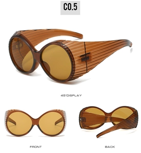 Detailed multi-angle view of vintage oval sunglasses with amber textured frames