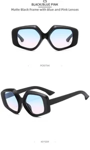 Details einer geometrischen Sonnenbrille in Mattschwarz mit blau-rosa Farbverlauf