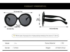 Size chart for oversized round sunglasses showing 15.5cm frame width and PC material specs