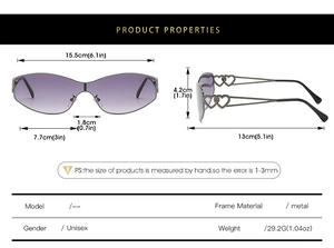Unisex frameless heart detail sunglasses featuring purple gradient lenses and metal frame