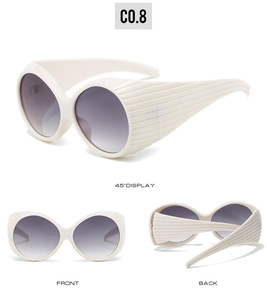 Detail view of oval cream sunglasses showing distinctive wavy textured frames from multiple angles