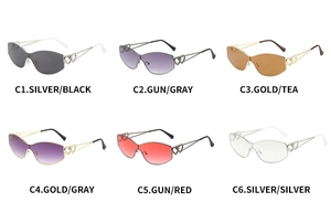 Showcase of six Y2K style sunglasses with double heart metal detail in various lens colors