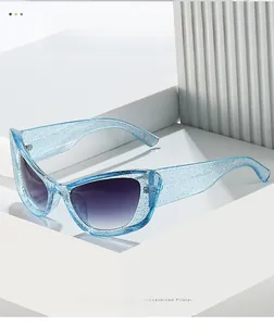 Detail of light blue cat eye sunglasses with glitter resin frame and purple gradient lenses
