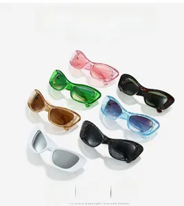 Detailed overhead view of cat-eye glitter sunglasses in various vibrant fashion colors