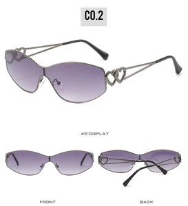 Three views of Y2K rimless sunglasses with purple gradient lenses and heart details