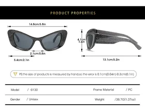 Detailed size chart for cat eye sunglasses with frame width and lens height dimensions