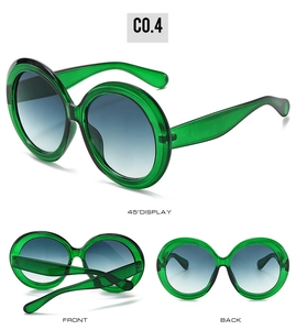 Three-angle display of oversized round green sunglasses with blue gradient lenses
