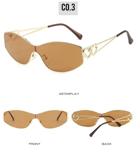 Three views of retro cat eye sunglasses with gold frame and hollow double heart temples