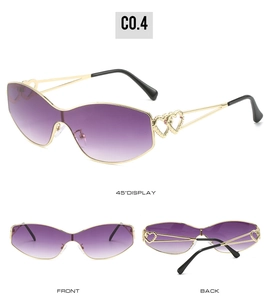 Multi-angle view of double heart sunglasses with gradient purple lenses and gold metal frame