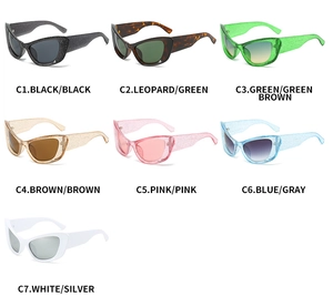 Detail of glitter cat eye sunglasses in seven colors with gradient and solid lenses