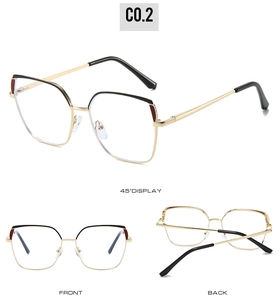 Three views of dual-color metal frame glasses with anti-blue light clear lenses