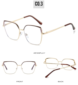Three-way view of two-tone geometric cat-eye metal glasses frames with anti-blue light lens