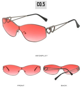Detailed views of Y2K cat eye sunglasses with hollow double heart decor on metal frames