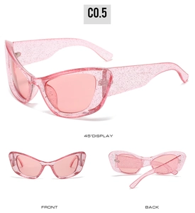 Three views of pink glitter cat eye sunglasses showing front, back, and 45-degree angle details