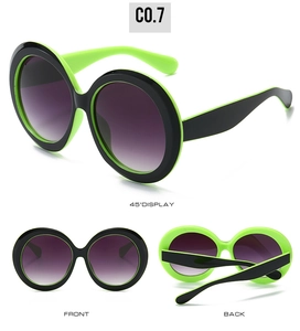 Detailed views of oversized round sunglasses in fluorescent green and black contrast frame