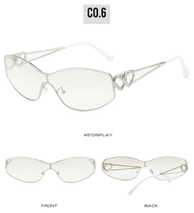 Three-view display showing side, front and back of twin heart design silver sunglasses