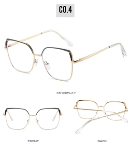 Front, back, and 45-degree views of a two-tone gold and black metal optical frame