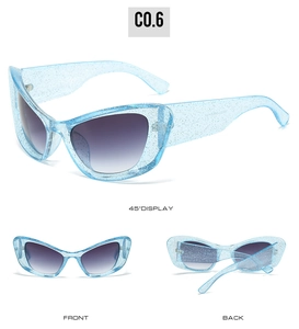 Three-way view of cat eye sunglasses with blue glitter frames and gray gradient lenses