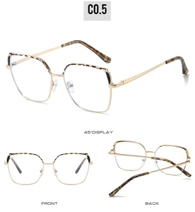 Multiple views of gold metal glasses frames with tortoiseshell tips and front detail
