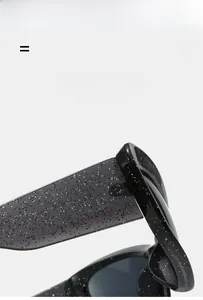 Macro detail of cat-eye sunglasses featuring glitter finish and super elastic frame