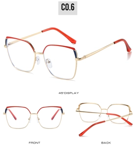 Three-angle view of two-tone metal frame glasses with gold trim and red blue accents