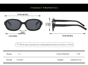 Detailed size chart for unisex square sunglasses showing dimensions and PC frame material