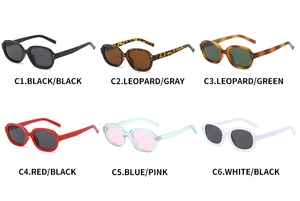 Showcase of six vintage square sunglasses in black, leopard, red, blue, and white frames