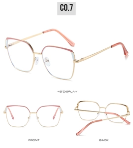 Three-view display of dual-tone metal glasses frames in pink and gold for women