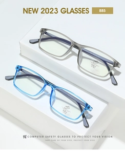 Detail of square glasses frame with anti-blue light lens on minimalist white geometric stand