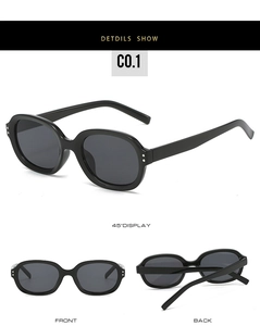 Detailed views of black square sunglasses with silver rivet accents and UV lenses