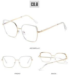 Three angles of dual-tone geometric metal eyeglass frames with blue light blocking lenses