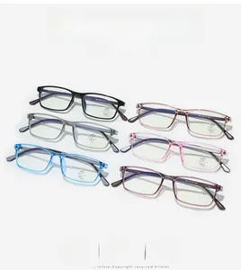 Matrix display of square spring-hinge glasses frames in six assorted colors