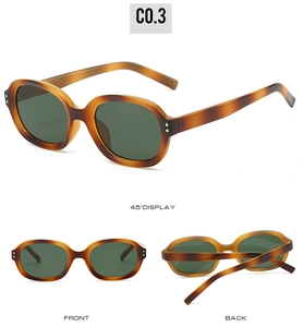Three perspectives of tortoiseshell oval sunglasses with green lenses and rivet detail