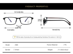 Detailed size schematic of retro square PC eyeglasses with dimensions and weight specs