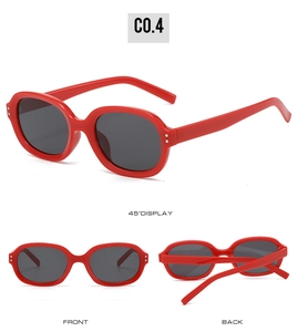 Three-angle view of red square sunglasses with black lenses and rivet details