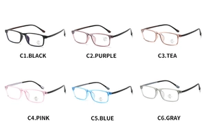 Flat lay of square vintage glasses frames in six colors including black and purple