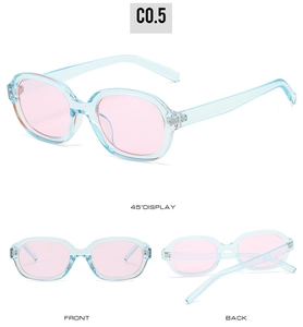 Detailed views of light blue square sunglasses with pink lenses and silver rivet accents