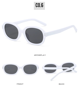 Detailed views of white square sunglasses with dark lenses and silver rivet accents
