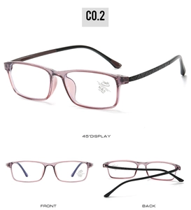 Detail view of transparent purple frames with textured black temples and blue light lenses