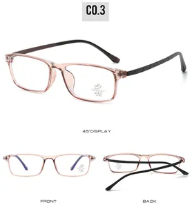 Detailed views of square anti-blue light glasses with brown frames and textured temples