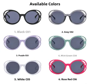 Six colorful butterfly oval sunglasses with side hollow designs on a clean white background