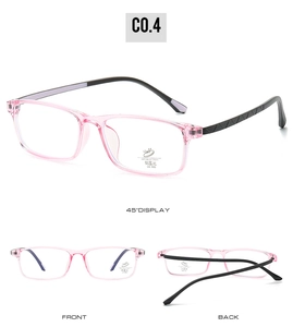 Detailed views of pink square anti-blue light glasses with UV400 protection and textured temples