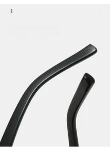 Detail of curved ergonomic temple on glossy black square sunglasses for comfortable wear