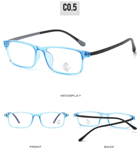 Detail view of light blue transparent square frame glasses with textured black temples