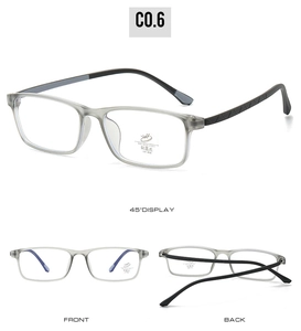 Three-view display of square frosted grey anti-blue light glasses with geometric temples