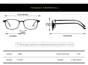 Detailed size chart for lightweight pure titanium glasses with full measurements