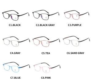 Detailed grid of lightweight square optical frames in 8 different color variants