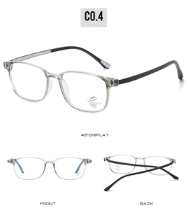 Detail view of transparent grey pure titanium glasses frames with anti-blue light lenses