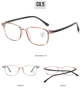 Three-view display of pink anti-blue light glasses with UV400 protection and black temples